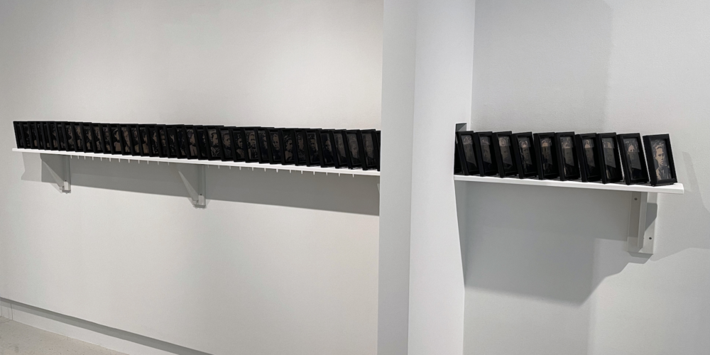 Rez Girls. Transparency photo print and book pages in frames on shelf. 15 x 10 cm (each image). 1998. Dimensions variable. Collection of the University of Saskatchewan.