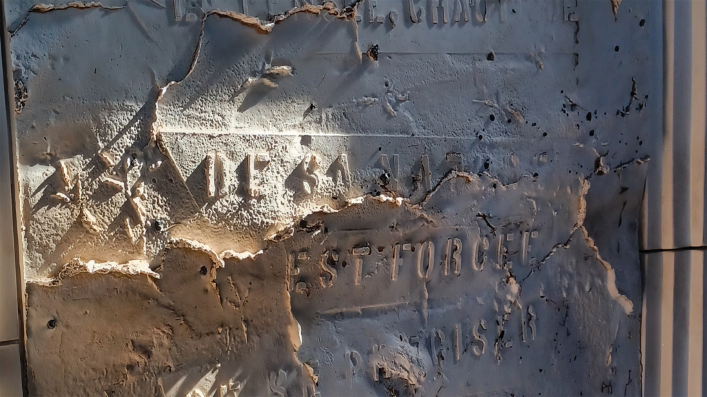 G. Wozny Siemens “La Pensée…” with Step Frame (detail) 2011. Direct plaster cast with detritus. Plaster frame and cast on wood armature and acrylic paint. Cast 10/06/13 near Rush Lake.